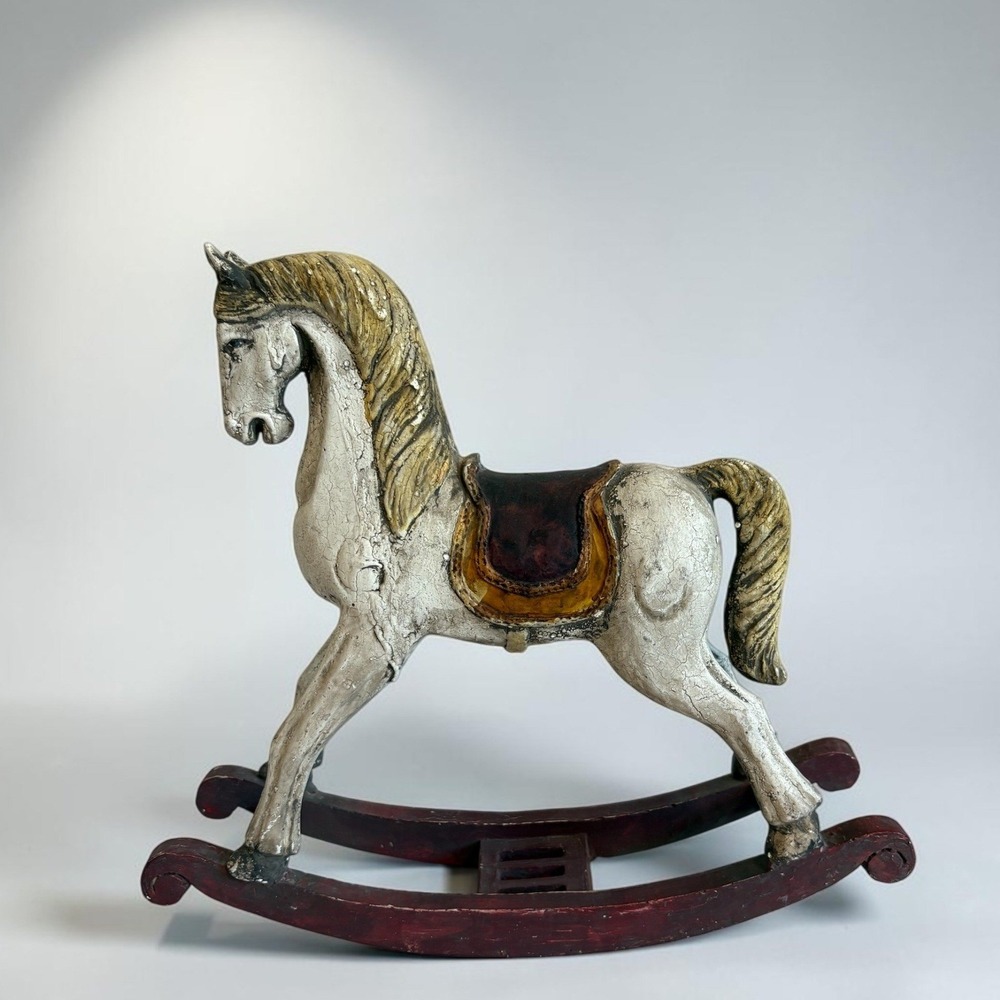 Vintage Distressed Rocking Horse Figurine White Burgundy Antique Style Decor 12"